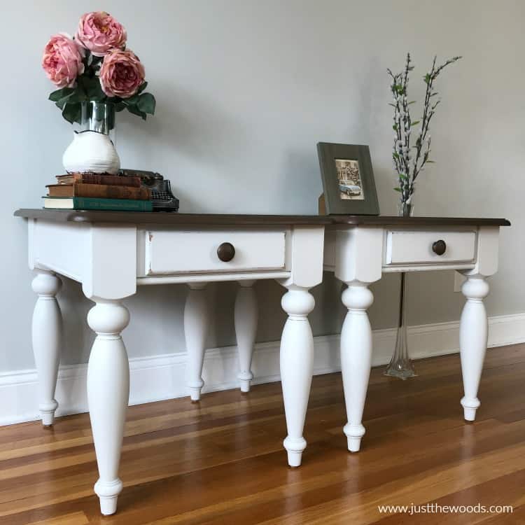 white painted tables with dark wood stain tops, distressed painted tables, 