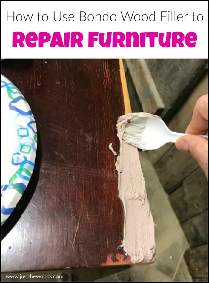 Bondo wood filler works great to repair wood furniture. I would consider it the best wood filler ever. See how to use bondo as a wood filler for lasting results. #bondowoodfiller #woodfiller #repairwoodfurniture #howtousebondo #woodputty #woodbondo