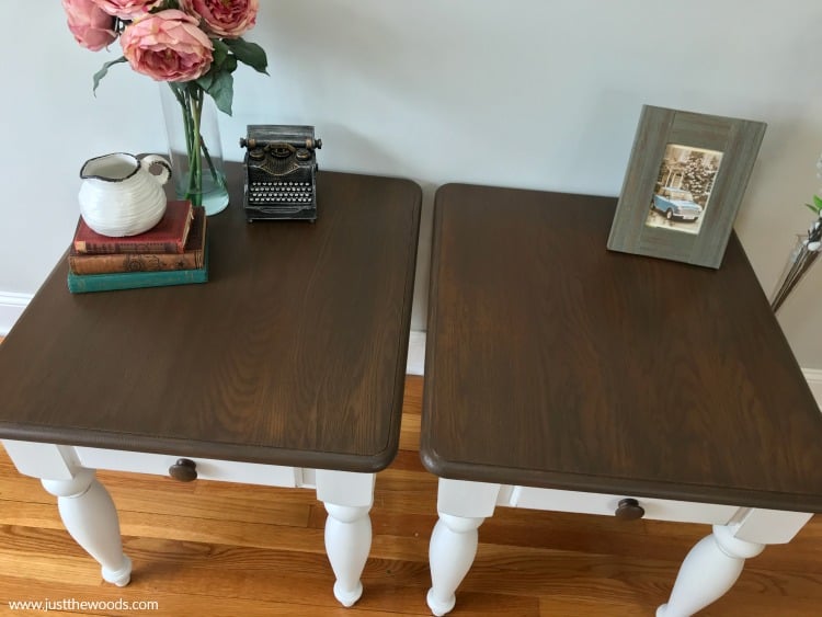 brown stain on painted tables, painted tables with wood stain, 