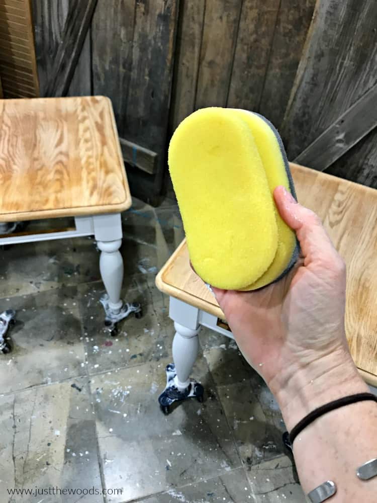 refinishing tables, yellow sponge to apply top coat, how to refinish wooden furniture