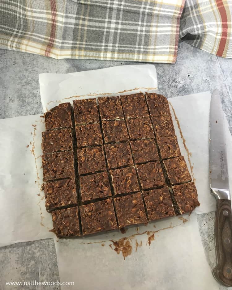 cut peanut butter chocolate oat bars into squares, chocolate oat bars