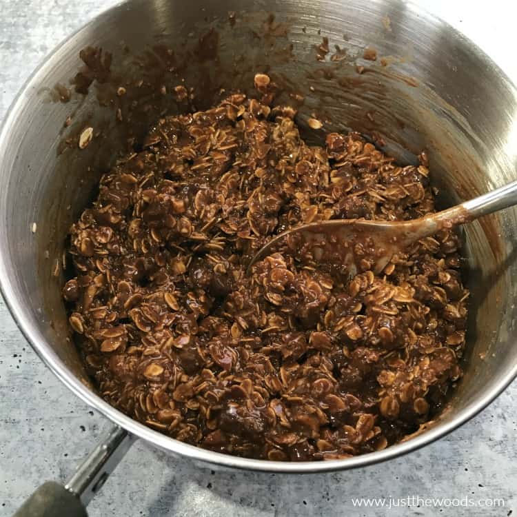 chocolate oat bar mixture in saucepan