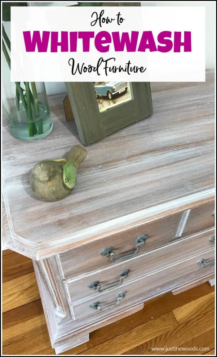 See how to whitewash wood furniture for a gorgeous weathered wood finish. Create the appearance of white wood stain with whitewash paint. #whitewashwood #whitewashfurniture #whitewashpaint #weatheredwood #howtoweatherwood #howtowhitewash