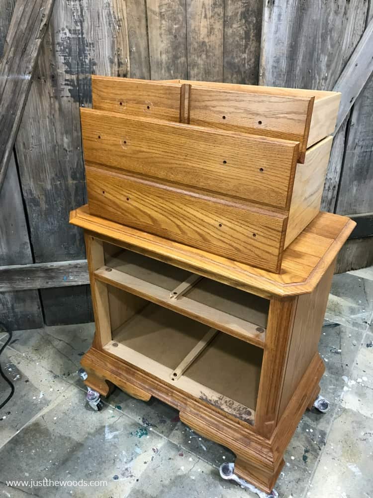 drawers pulled out of nightstand dresser, prepping furniture for whitewash technique