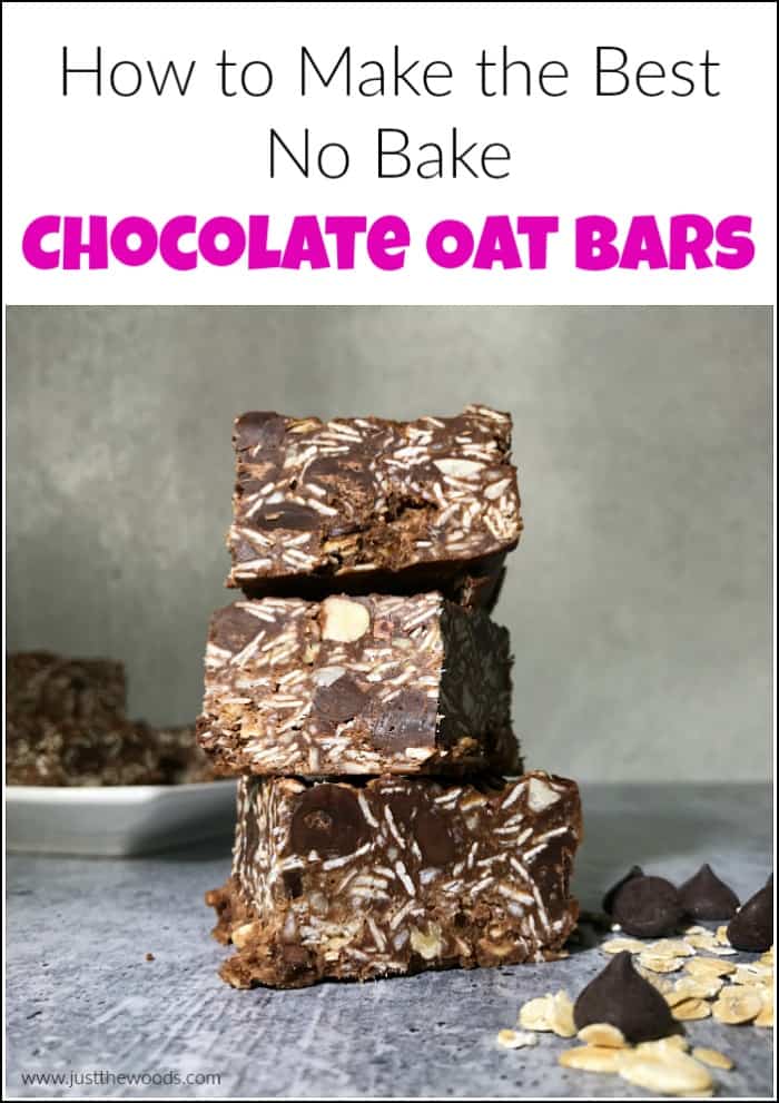 no bake chocolate oat bars, chocolate bars stacked on top of one another, 