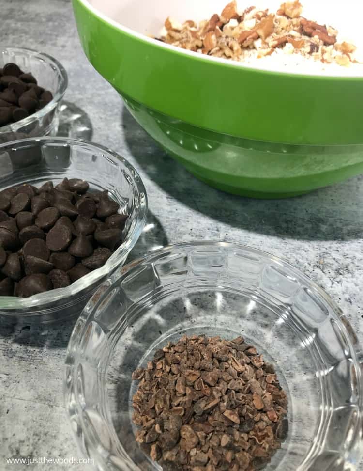 measure out chocolate chips, cacao nibs, 