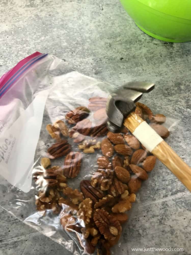 hit nuts with hammer, break nuts with hammer, how to chop nuts, no mess chopped 