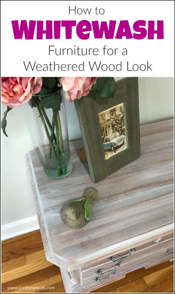 See how to whitewash wood furniture for a gorgeous weathered wood finish. Create the appearance of white wood stain with whitewash paint. #whitewashwood #whitewashfurniture #whitewashpaint #weatheredwood #howtoweatherwood #howtowhitewash