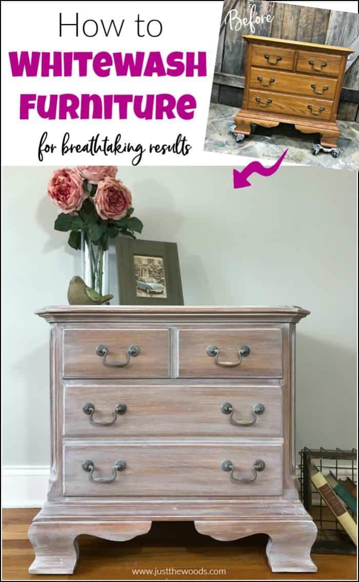 See how to whitewash wood furniture for a gorgeous weathered wood finish. Create the appearance of white wood stain with whitewash paint. #whitewashwood #whitewashfurniture #whitewashpaint #weatheredwood #howtoweatherwood #howtowhitewash