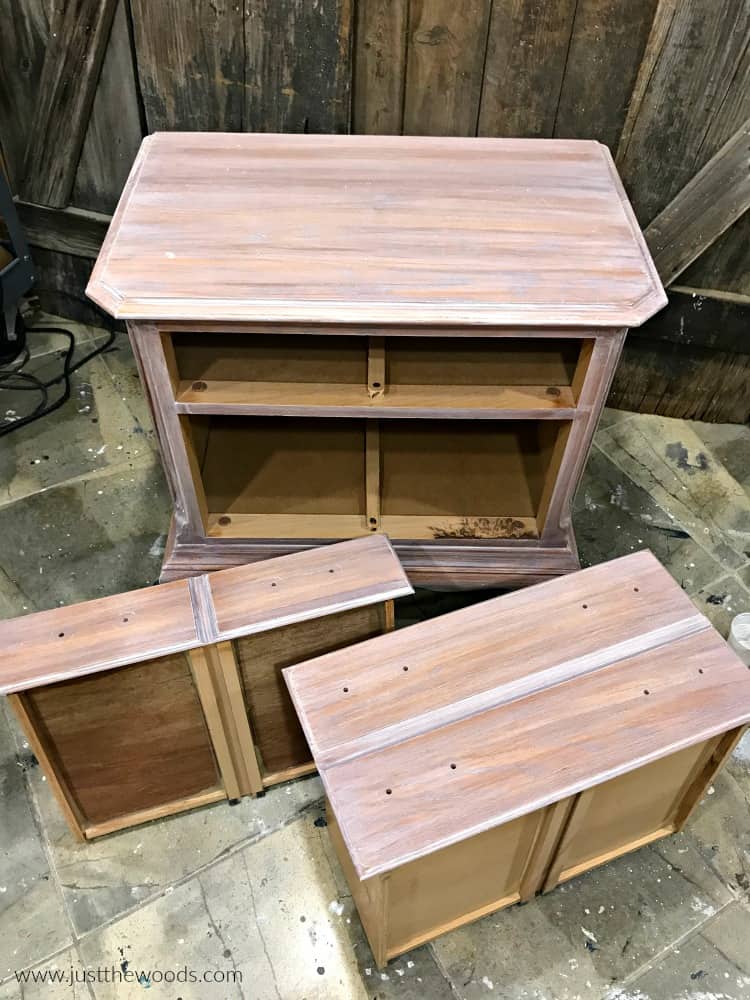 drawers on floor of nightstand, whitewash paint on furniture, whitewash on wood