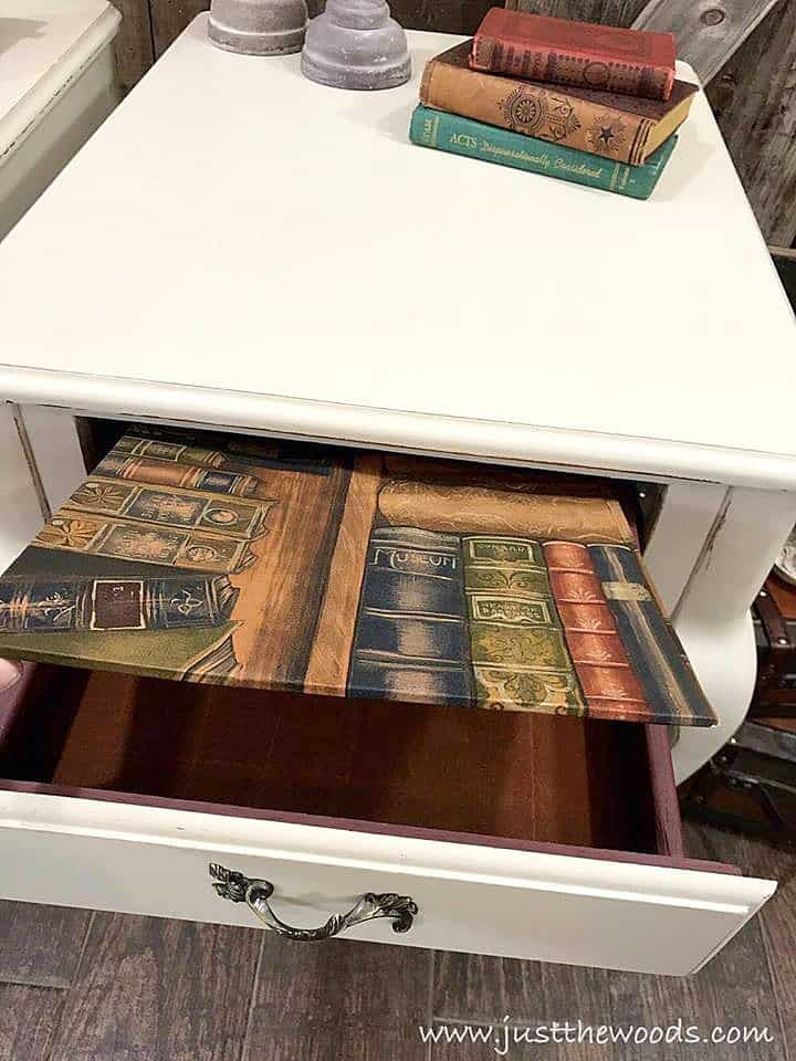 removable drawer liner, wallpaper board inside drawer, painted end table with books decorative paper in drawer