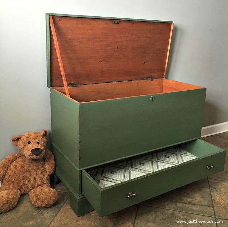 green painted toy box with fabric lined drawer