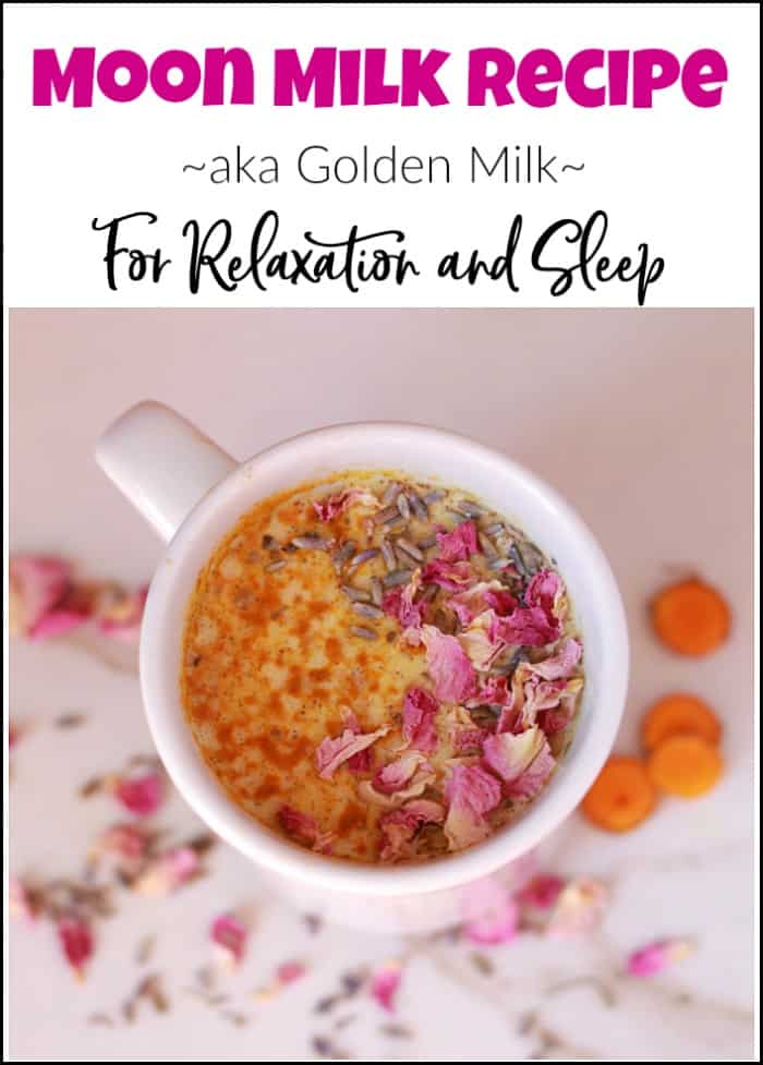 moon milk recipe, relaxation tea in white mug