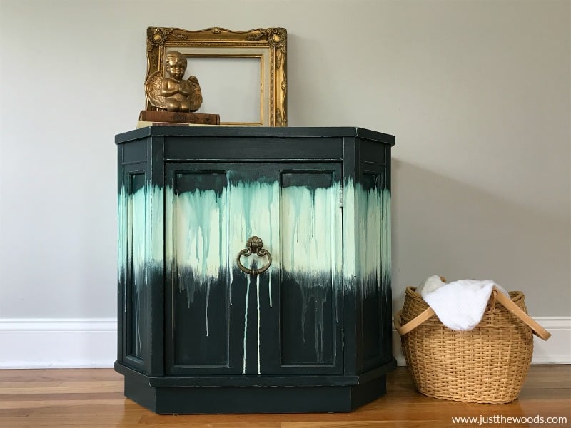 green painted furniture with dripping paint effect, boho style painted furniture