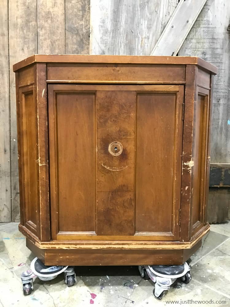 brown cabinet with hardware removed, wooden cabinet