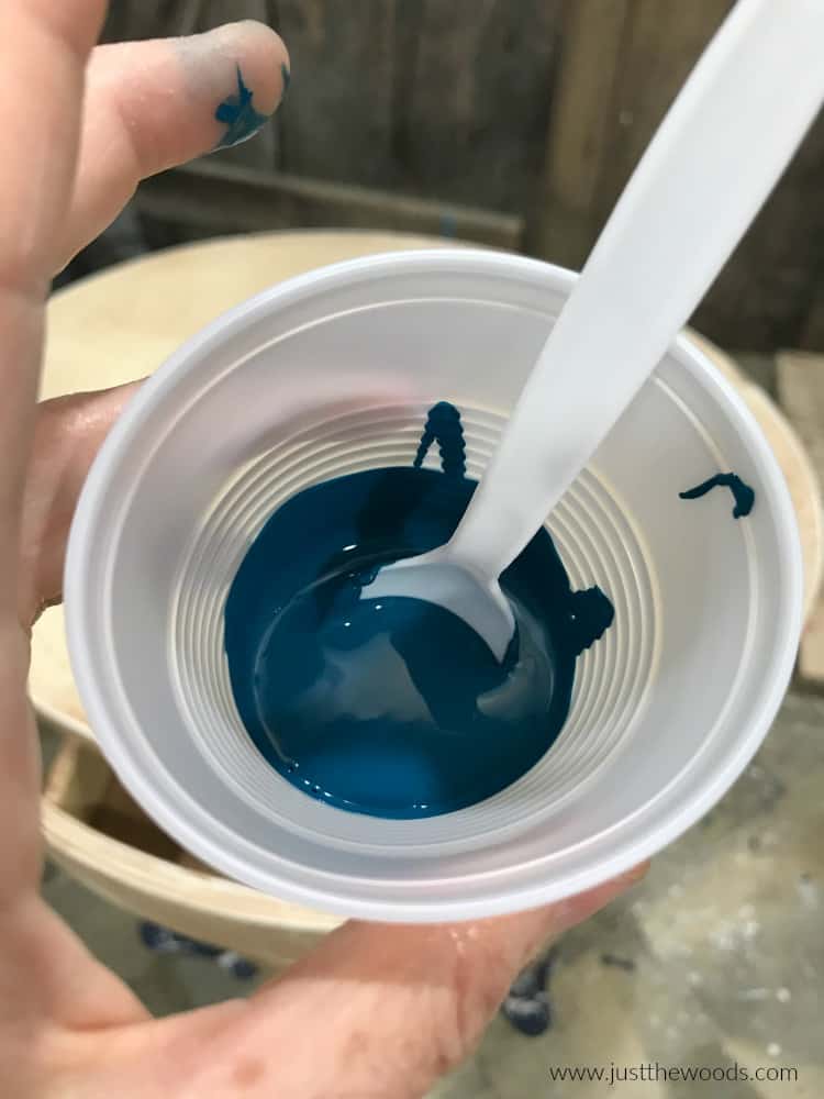 chalk paint in plastic cup, blue chalk paint