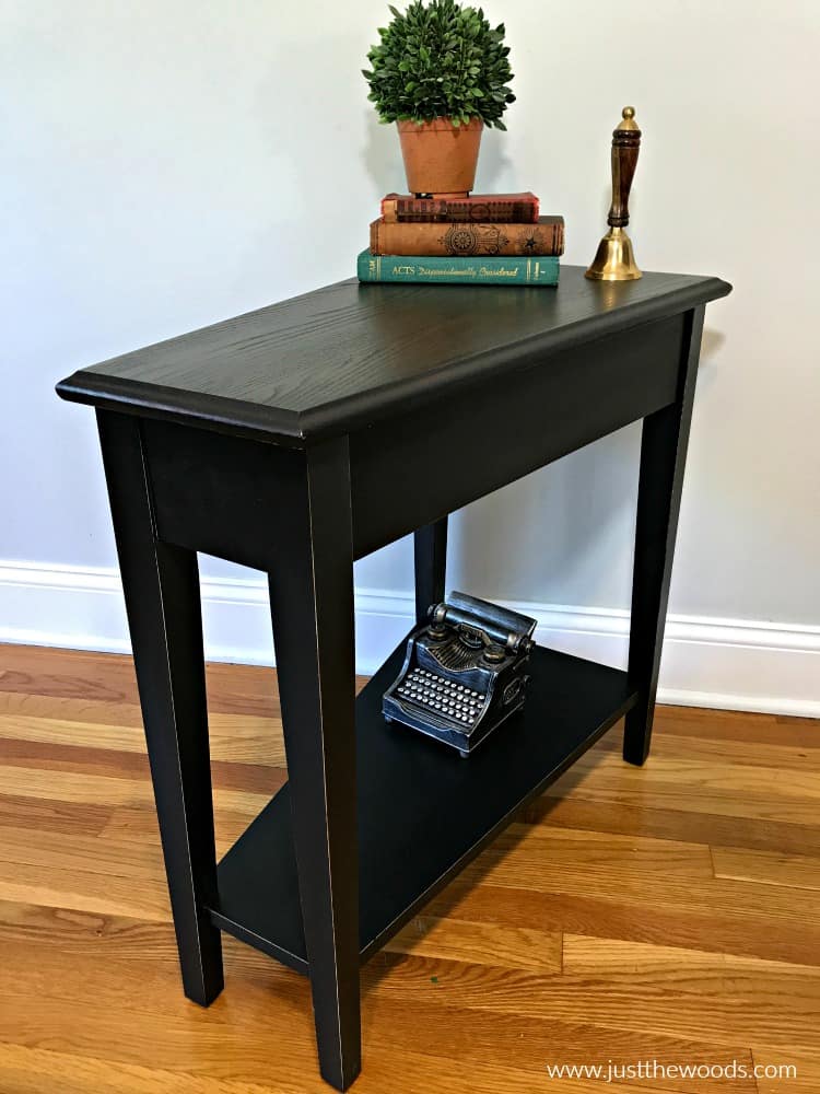 small black painted table, black paint and black stain on wood