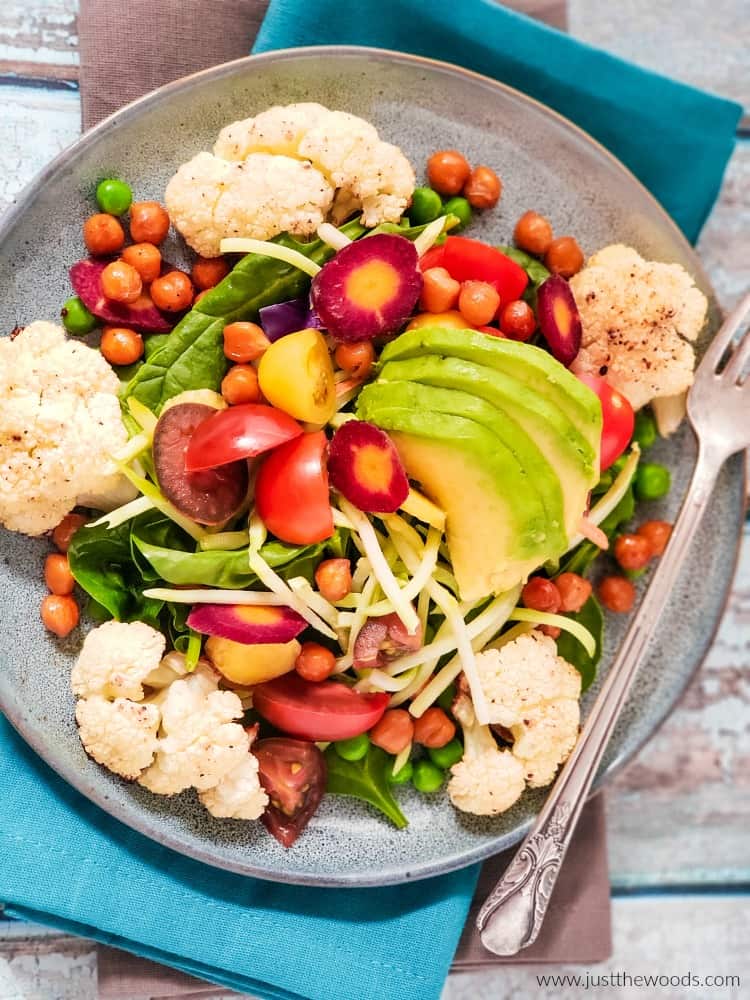 colorful summer salad with chickpeas and avocado