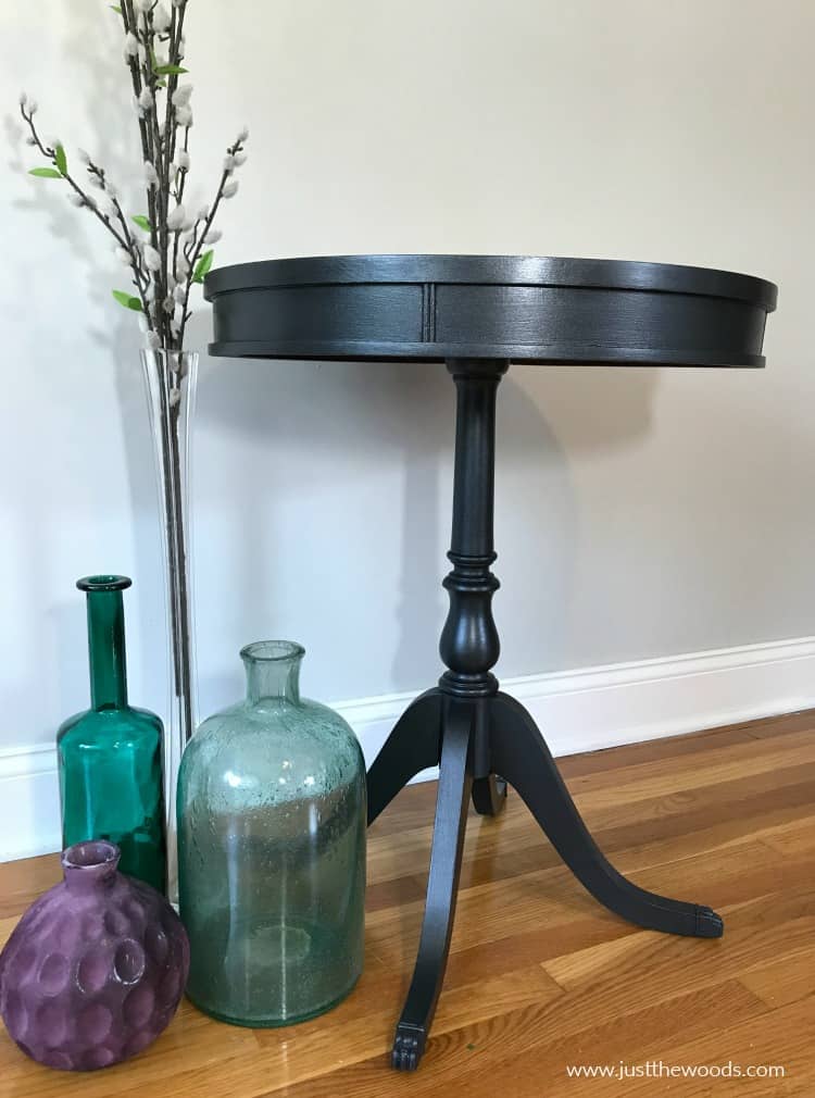 black metallic paint on table, refinish a table with metallic paint, claw foot table