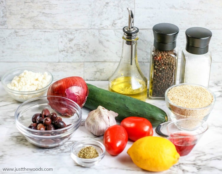 ingredients in greek quinoa salad, quinoa with cucumber and feta