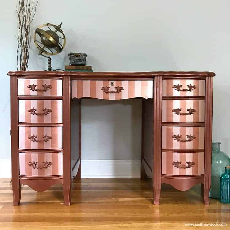 metallic painted furniture, painted desk with stripes, stripes on drawers, copper desk