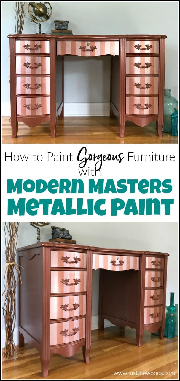 Modern Masters metallic paint adds a gorgeous shimmer to your painted furniture. See how to paint with metallic copper paint and rose gold metallic paint stripes. #modernmasters #modernmasterspaint #copperpaint #metalliccopperpaint #metalliccopperpaint #rosegoldpaint #paintedfurniture #painteddesk