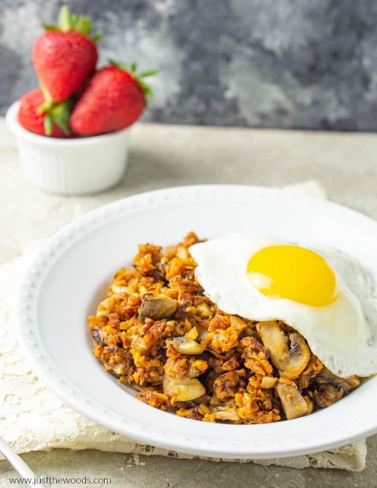 sweet potato hash with eggs and fruit