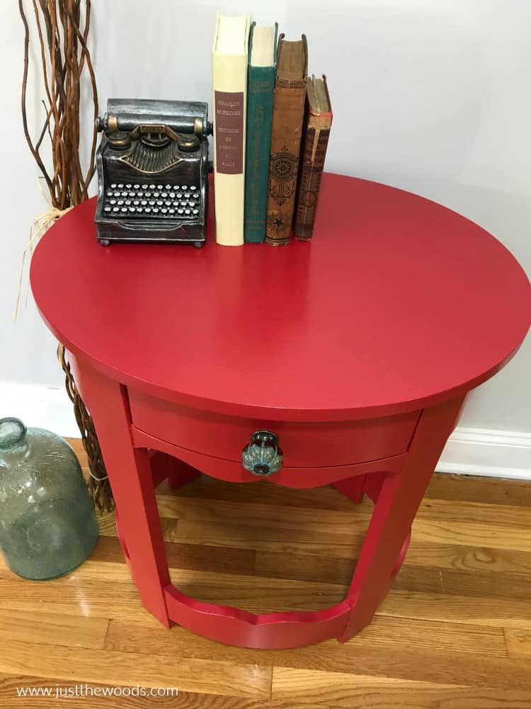 bright red painted furniture, painting furniture red, wise owl red paint