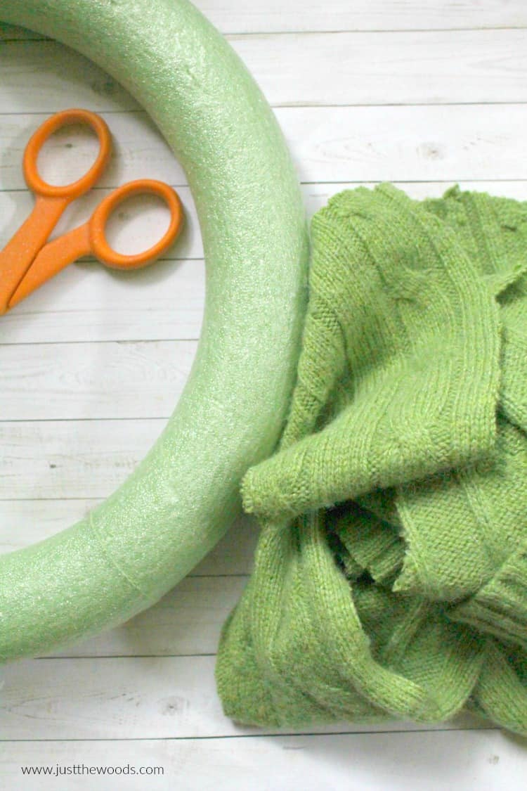 upcycled sweater, wreath form, DIY wreath