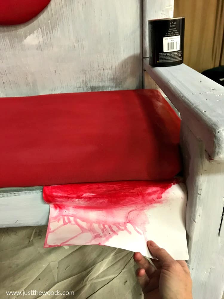 wet fabric paint, painting fabric chairs, dripping red paint