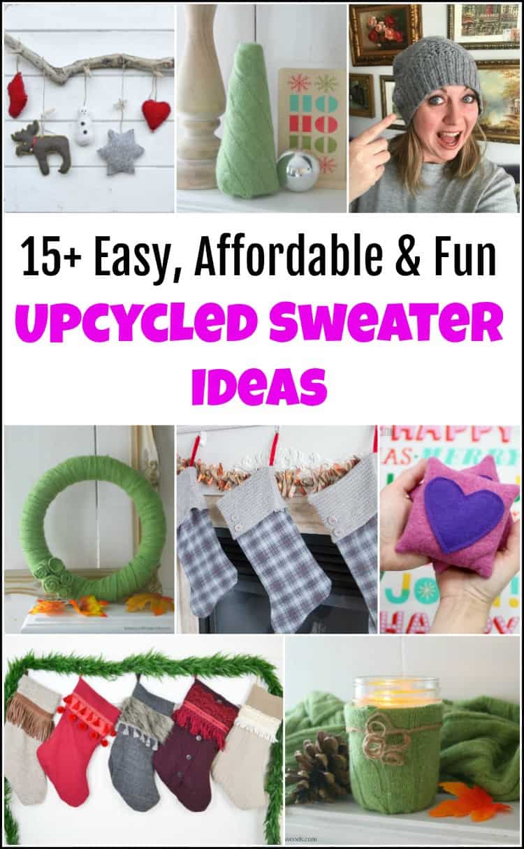 Check out these easy upcycled sweater ideas. There are so many fun ways to use old sweaters and turn them into something new. Here are a few ideas for things to do with old sweaters. Turn your old sweaters into a cozy hat, mittens or even DIY ornaments. #upcycledsweaters