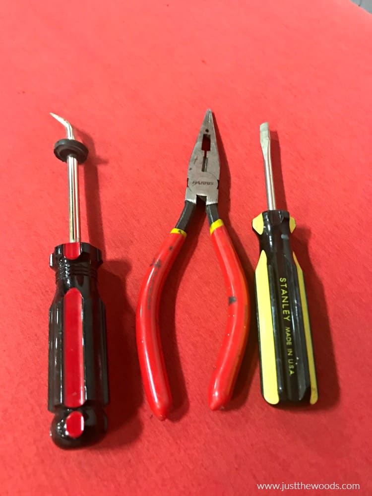 upholstery tools, tack lifter, screwdriver, pliers