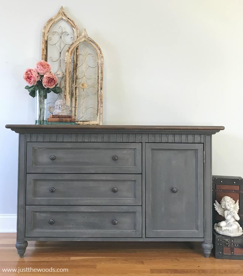 gray painted dresser with brown stain top, how to paint a dresser tutorial