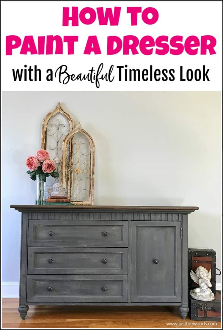 how to paint a dresser tutorial, gray painted dresser with brown stain top