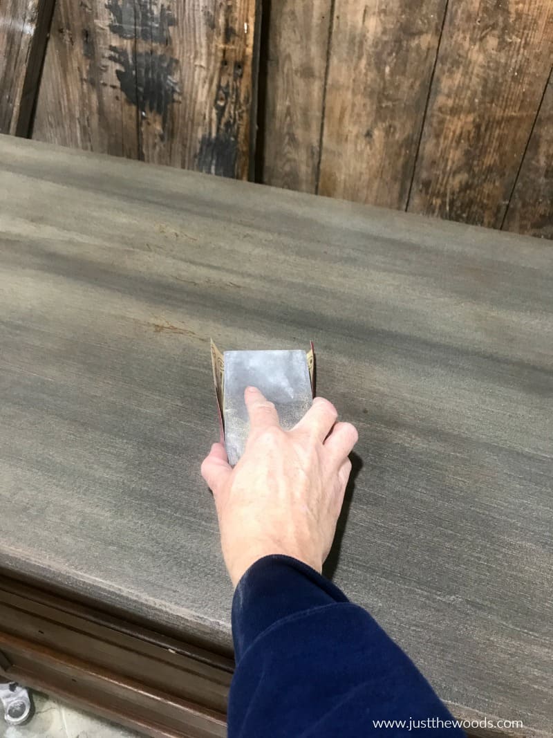 sanding wood stain on painted dresser