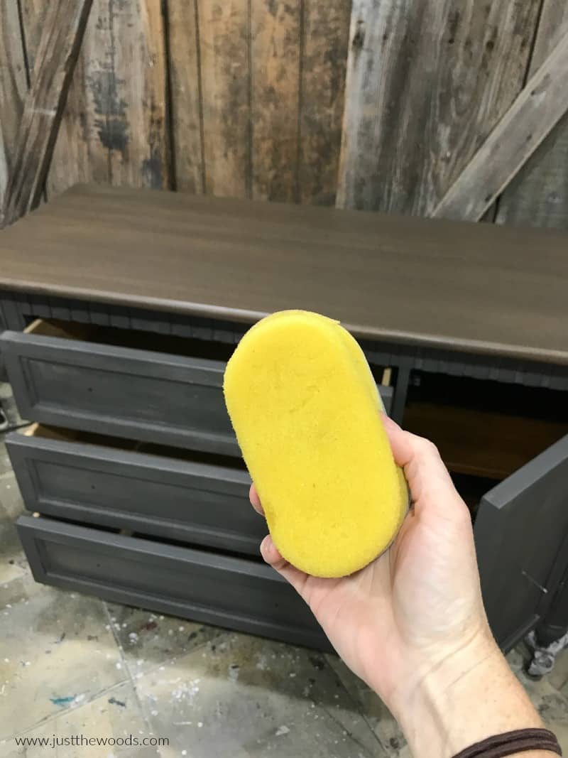 how to apply varnish to painted furniture, yellow sponge to apply varnish to painted dresser