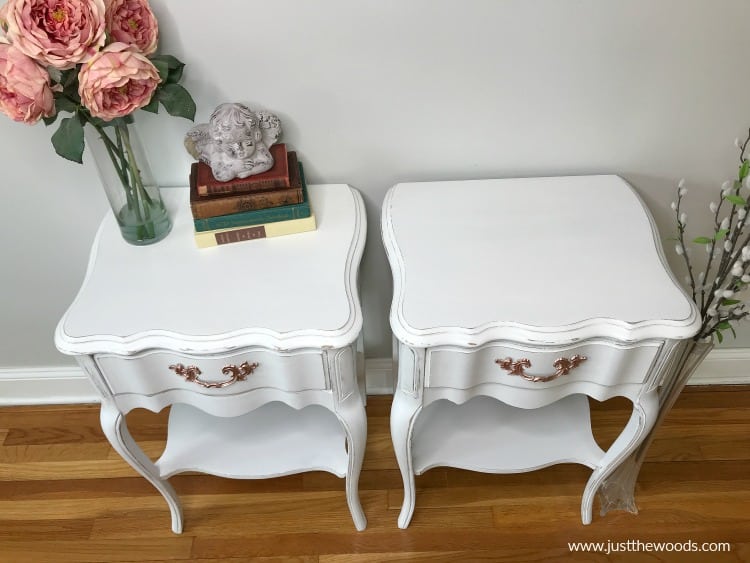 distressed furniture paint, white painted tables with rose gold hardware