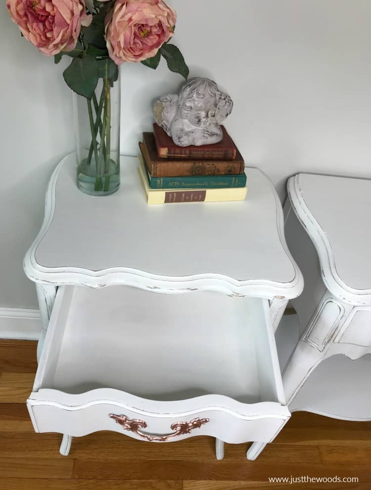 distressed white furniture with painted drawers