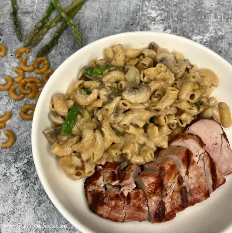 dairy free alfredo pasta with vegetables, grilled pork, veggie pasta recipe