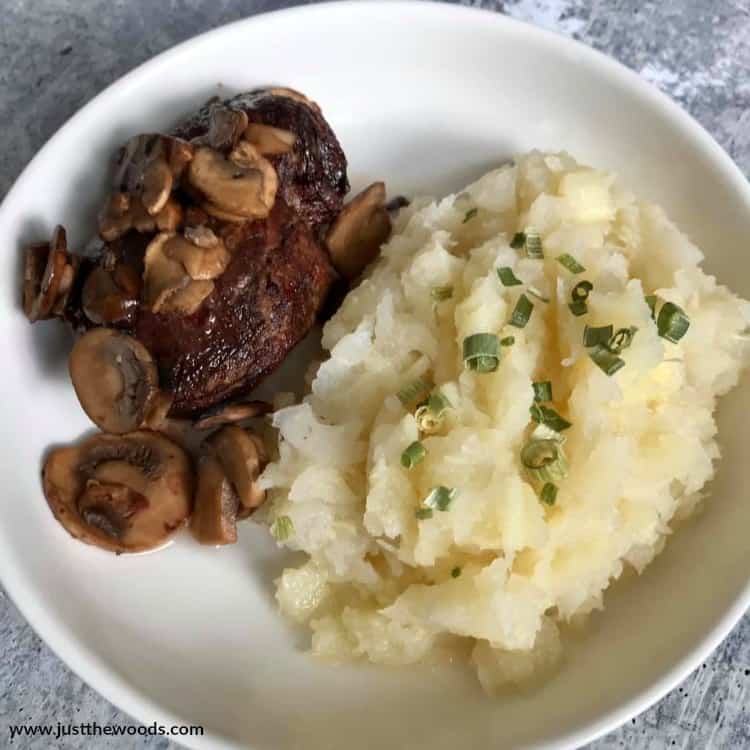 air fried steak with mashed turnips and parsnip mash