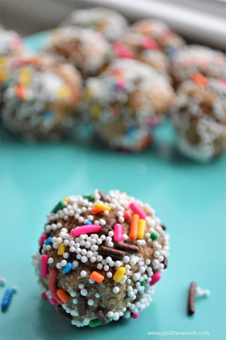 close up cookie dough ball with sprinkles