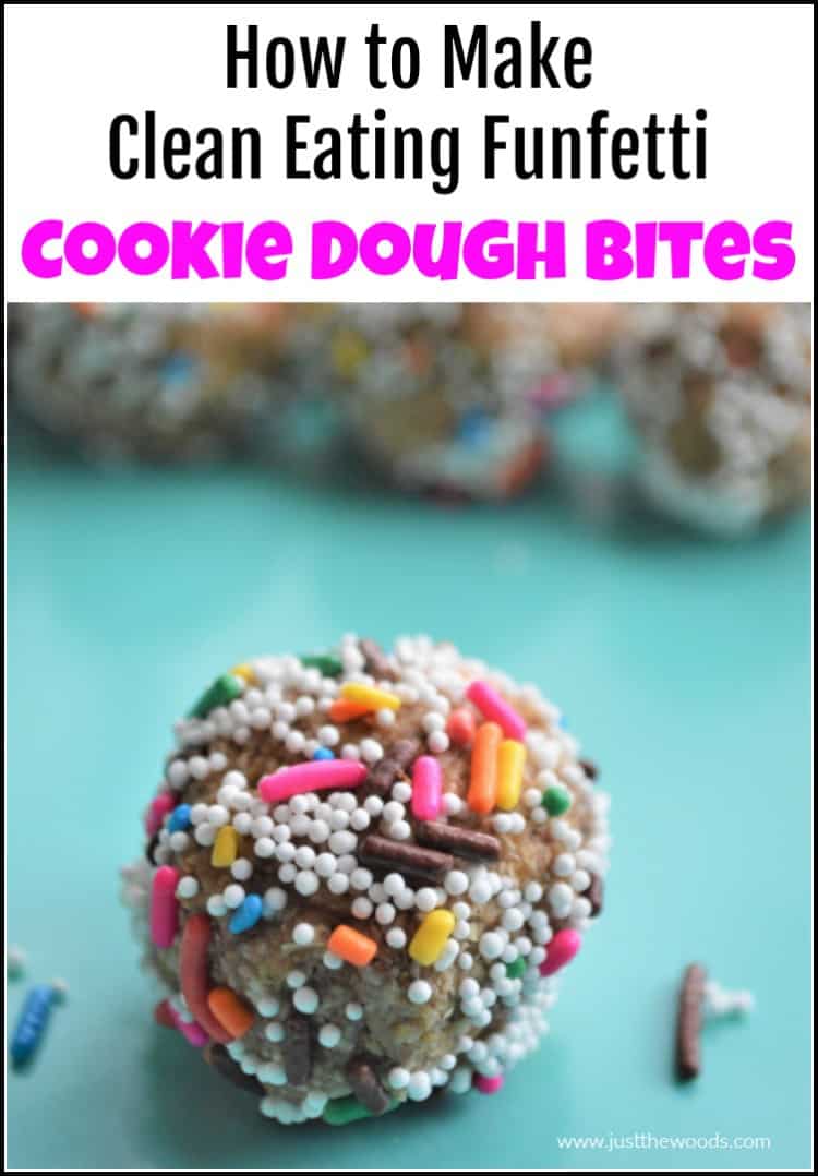 funfetti cookie dough bites with sprinkles on blue background