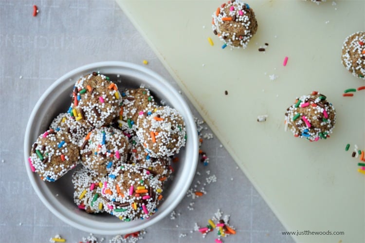 bowl of cookie dough bites with rainbow sprinkles