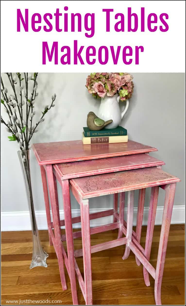 pinterest image for nesting tables makeover with watercolor effect using texture whitewash and stencil 