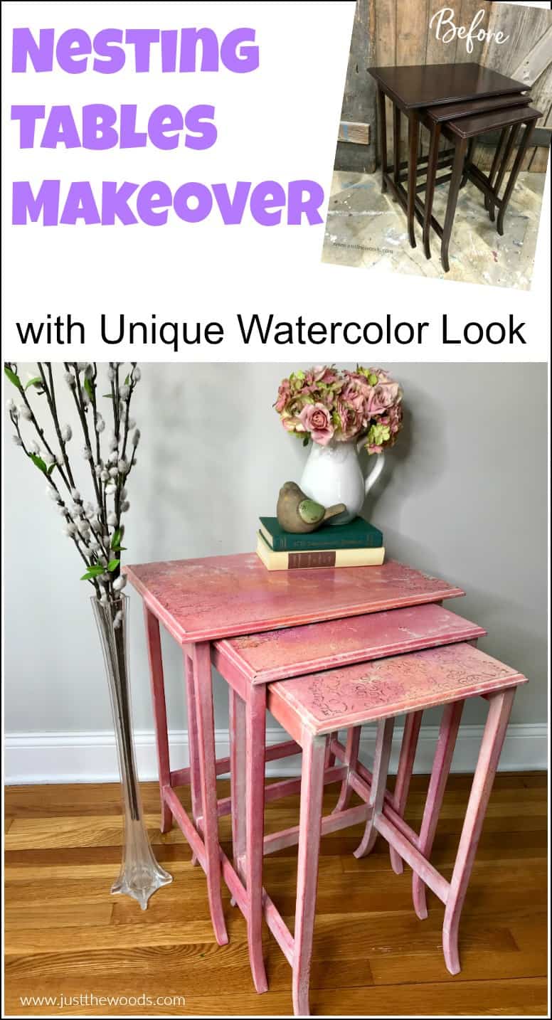 pinterest image for nesting tables makeover with watercolor effect using texture whitewash and stencil 