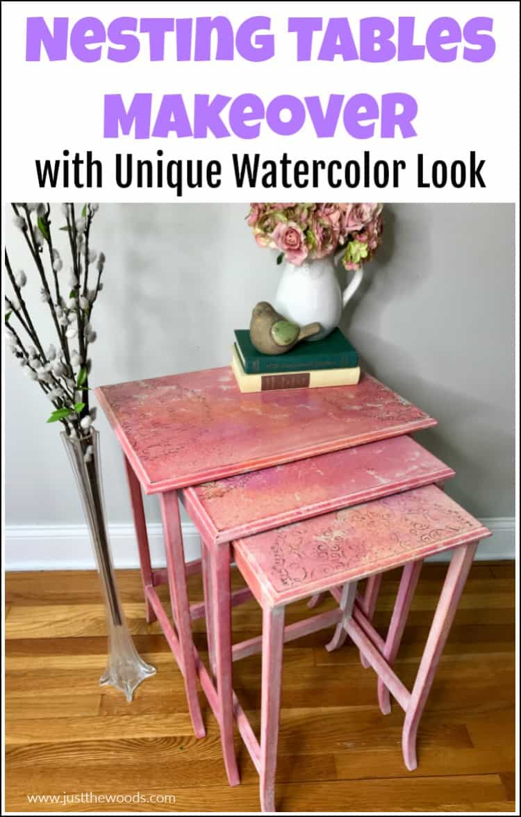 pink painted nesting tables with whitewash and texture, gold stencil. 