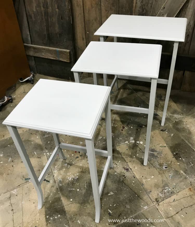 nest of tables with base coat of light white gray chalk paint