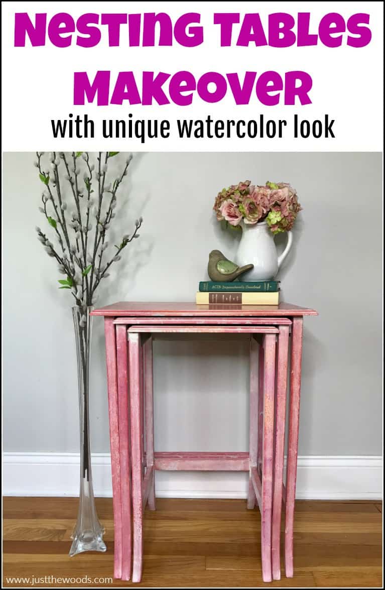 pinterest image for nesting tables makeover with watercolor effect using texture whitewash and stencil 