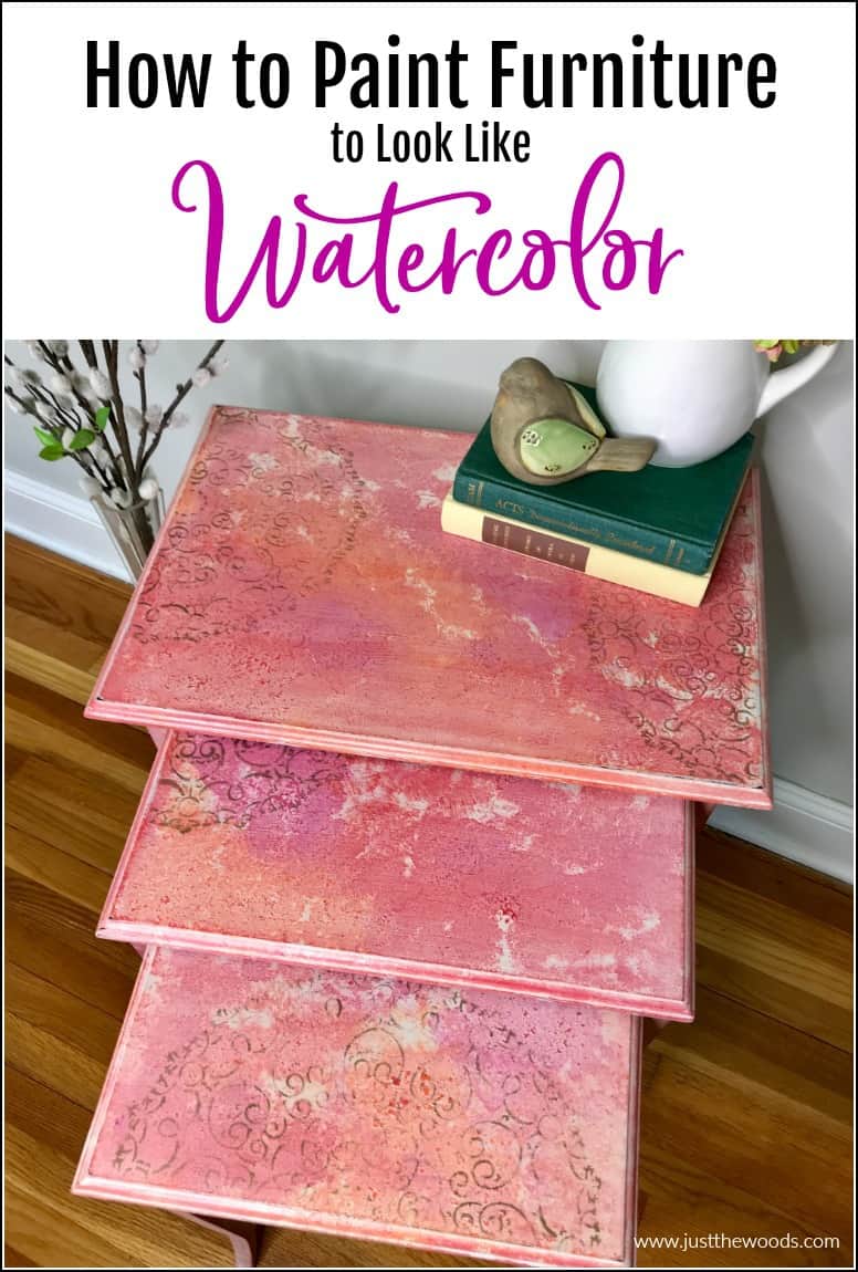 pinterest image for nesting tables makeover with watercolor effect using texture whitewash and stencil 