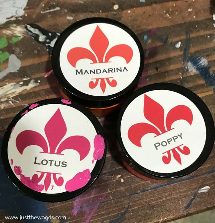 pink orange and red chalk paint in small containers